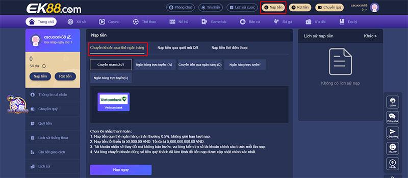 Nạp tiền EK88 bằng tài khoản Ngân hàng